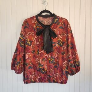 MARC NEW YORK Rust Floral Faux Leather Neck Tie Blouse Top Medium